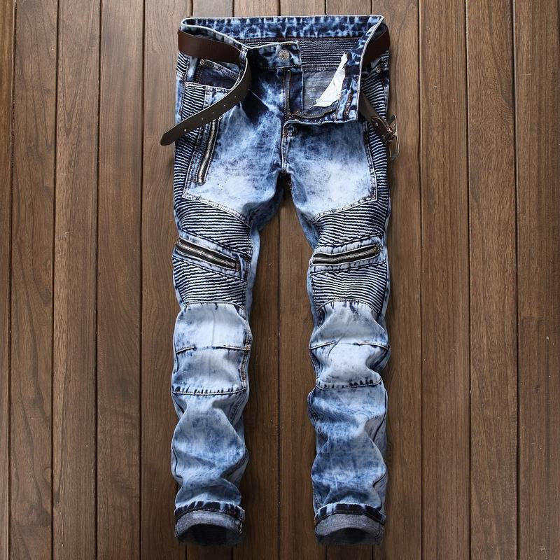 Men's Jeans Fashion Snowflake Fold Slim Fit Motorcycle Small Straight Trousers