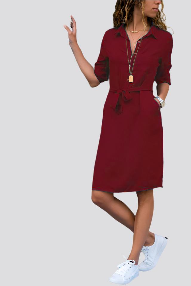 Lapel Collar Solid Color Three-Quarter Sleeve Dress