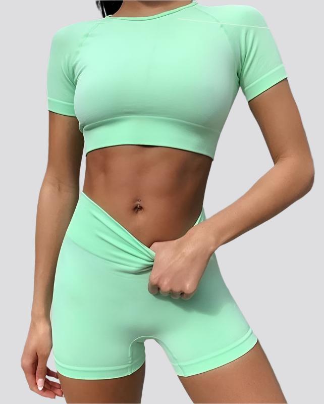 Sport Crop Top T-ShirtShorts Leggings Push Up Fitness Workout Gym Suit