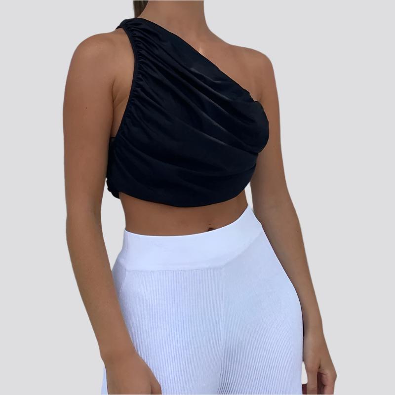 One Shoulder Crop Top Women Sexy Sleeveless Ruched Tank Top Summer White Black Blue Orange Plain Short Tanks Camis