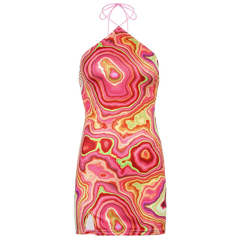 Wave Tie Dye Backless Sexy Mini Halter Dress