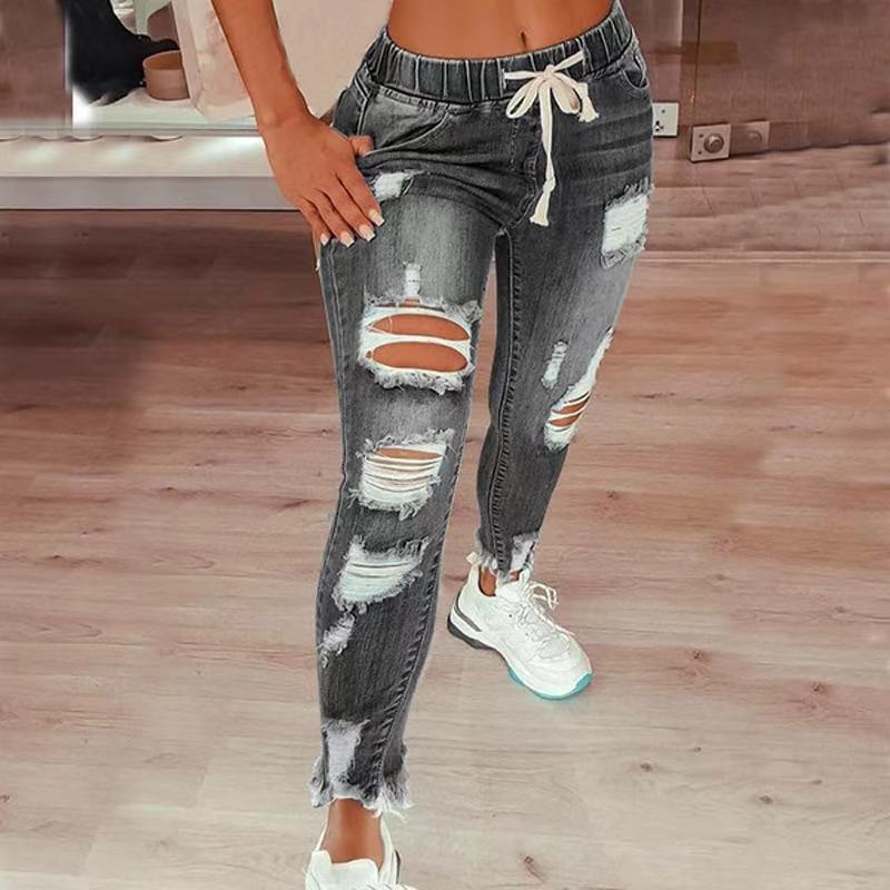 High Waist Ripped Elastic Waist Drawstring Jeans Women Trousers