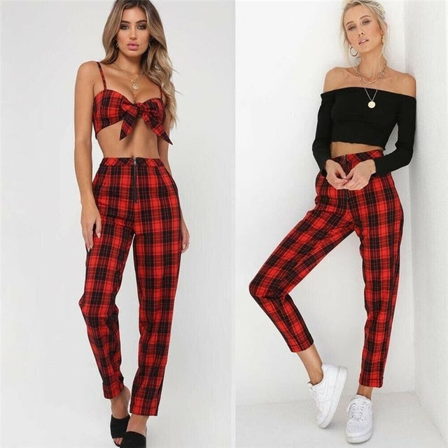 Black and white plaid zipper slim slimming white pants