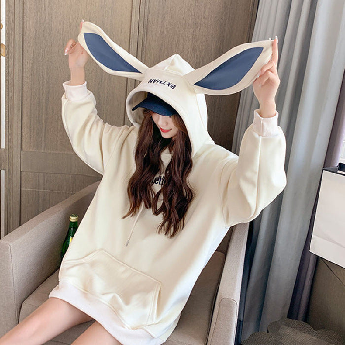 Sweet Cute Preppy Style Rabbit Ears Plus Velvet Thick Hoodies Women Long Sleeve Pullover Big Pocket Kawaii Sweatshirts for Girls