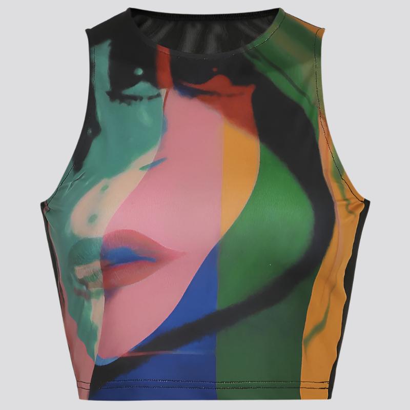 Retro Painting Print  Tank Top Vintage Mesh Tops Women