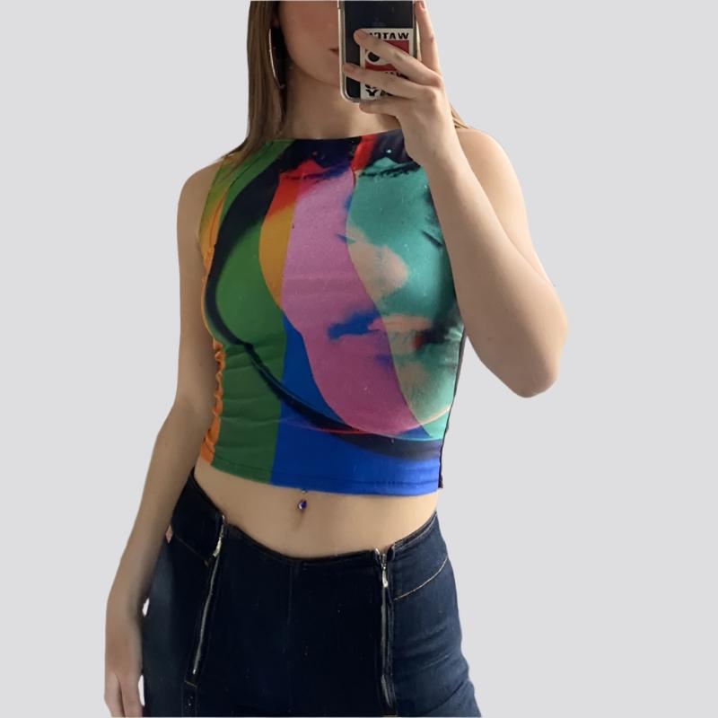 Retro Painting Print  Tank Top Vintage Mesh Tops Women