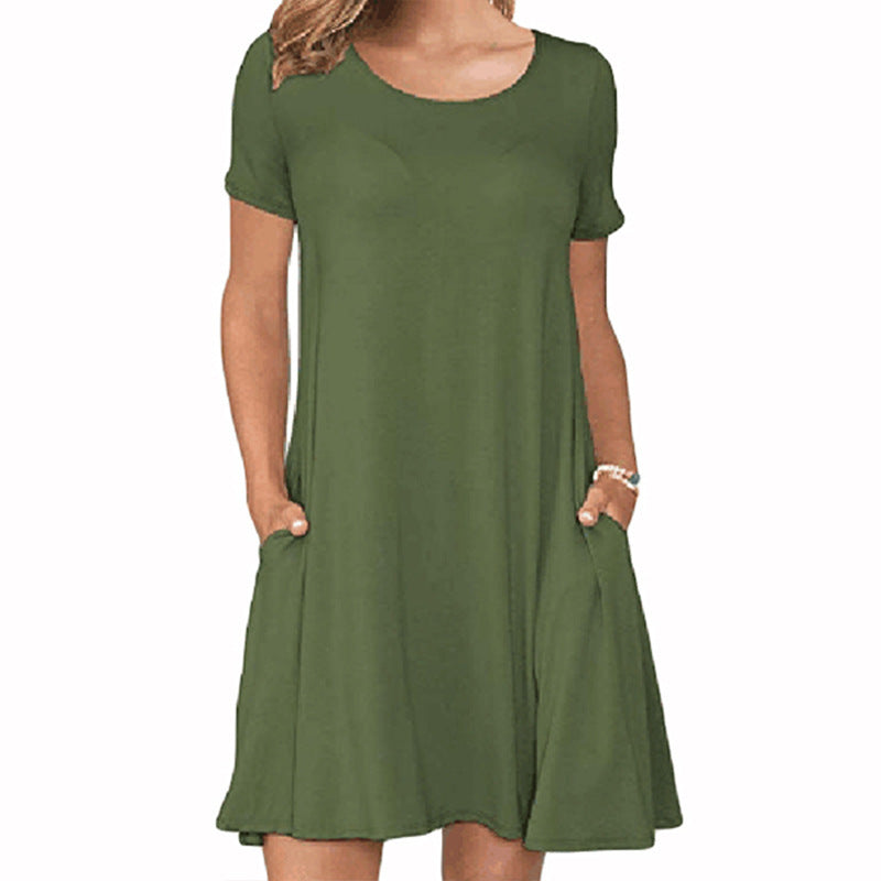 Pure Color Round Neck Short Sleeve Mini Dress A-line Skirt