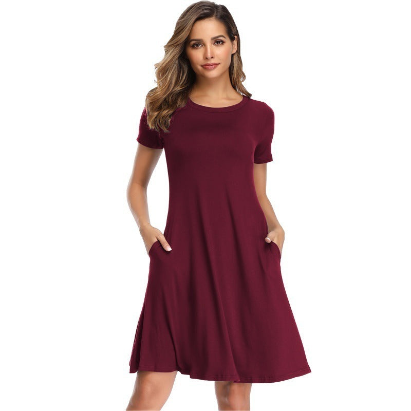 Pure Color Round Neck Short Sleeve Mini Dress A-line Skirt