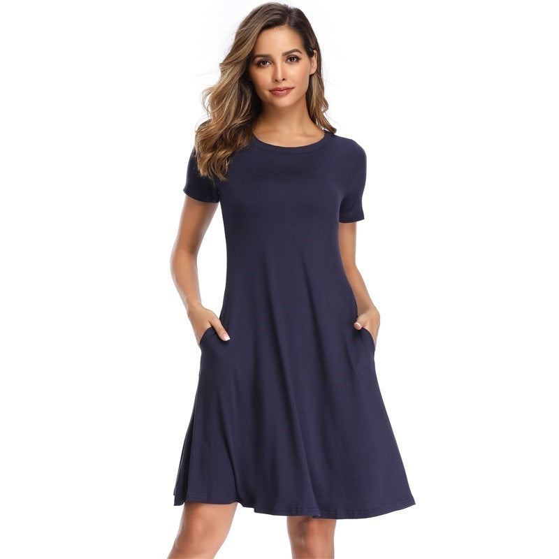 Pure Color Round Neck Short Sleeve Mini Dress A-line Skirt