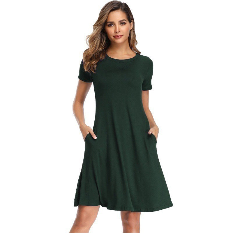 Pure Color Round Neck Short Sleeve Mini Dress A-line Skirt