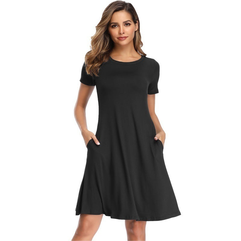 Pure Color Round Neck Short Sleeve Mini Dress A-line Skirt