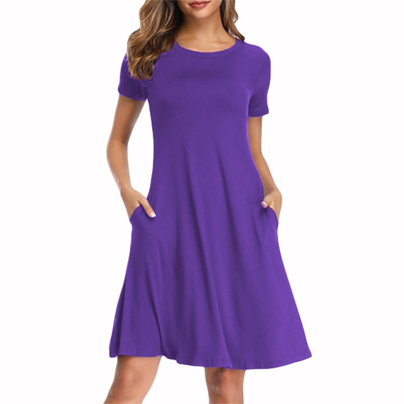 Pure Color Round Neck Short Sleeve Mini Dress A-line Skirt