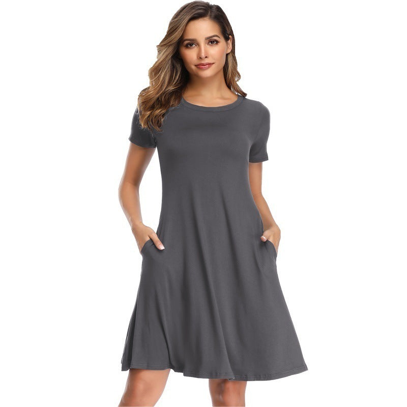 Pure Color Round Neck Short Sleeve Mini Dress A-line Skirt