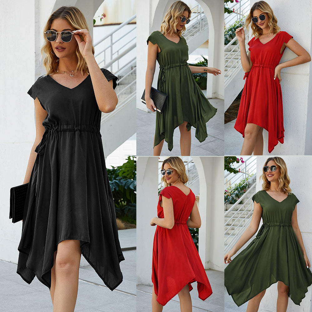 Summer Dress Women Fashion Mini Dress Irregular V Neck Drawstring