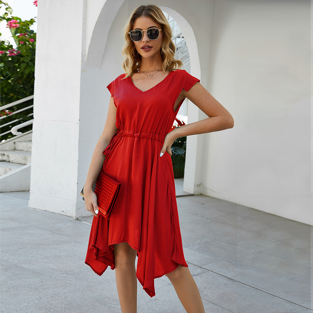 Summer Dress Women Fashion Mini Dress Irregular V Neck Drawstring