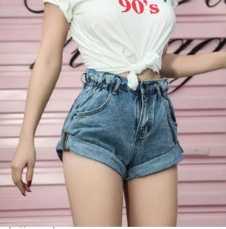 High waist denim shorts female elastic waist waist cuff wide leg pants shorts loose new retro Korean version