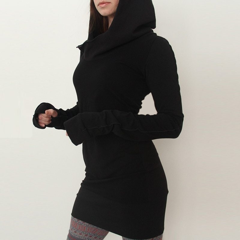 Black Novelty Hoodies Dress Women Autumn Winter Gothic Dresses Hole Long Sleeve Loose Hoodies Mini Dress