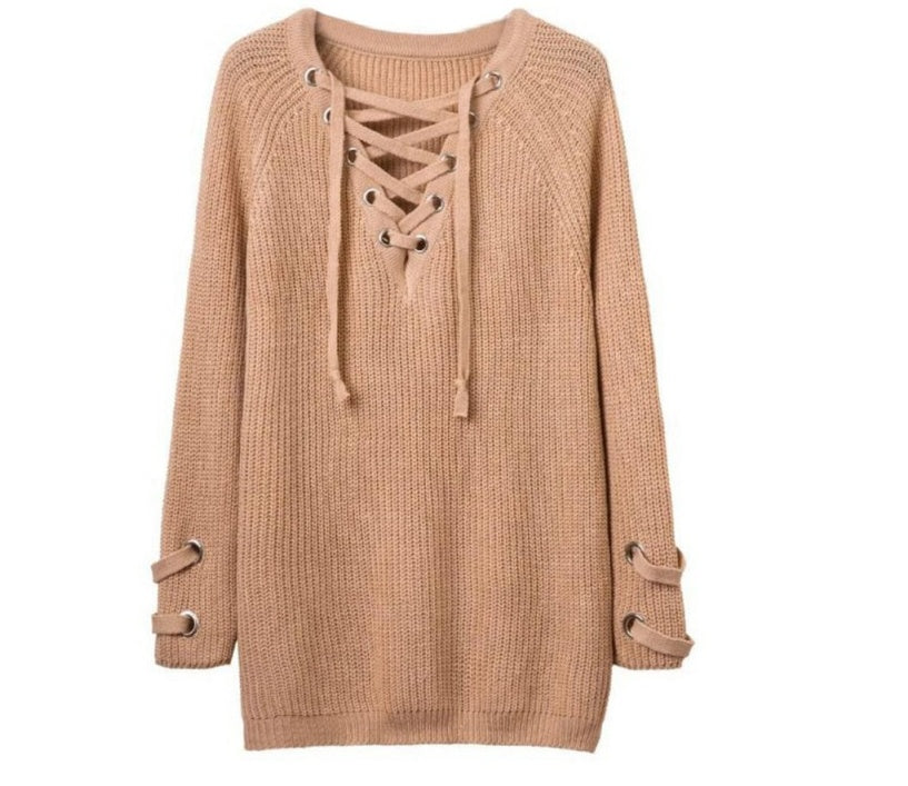 Women Sweater woman Sweaters V Neck Mesh Lace Up Sweater Striped Bandage Cross Links Tops Casual Loose Jumper