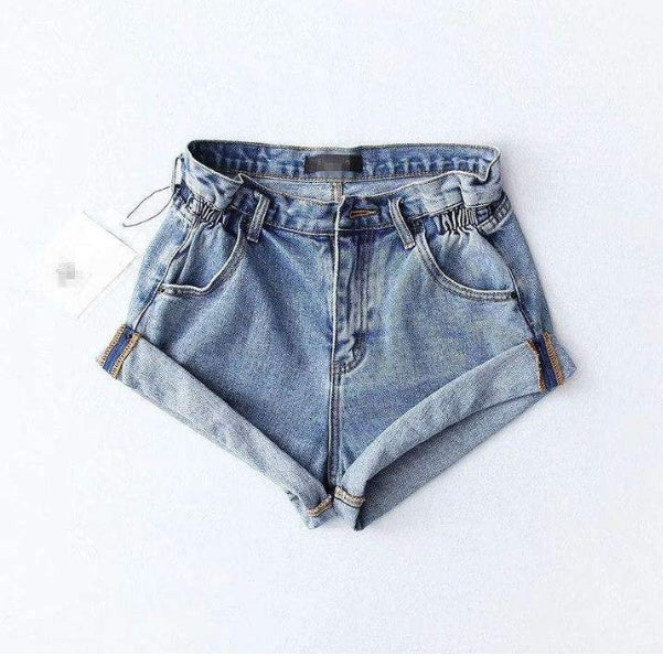 High waist denim shorts female elastic waist waist cuff wide leg pants shorts loose new retro Korean version