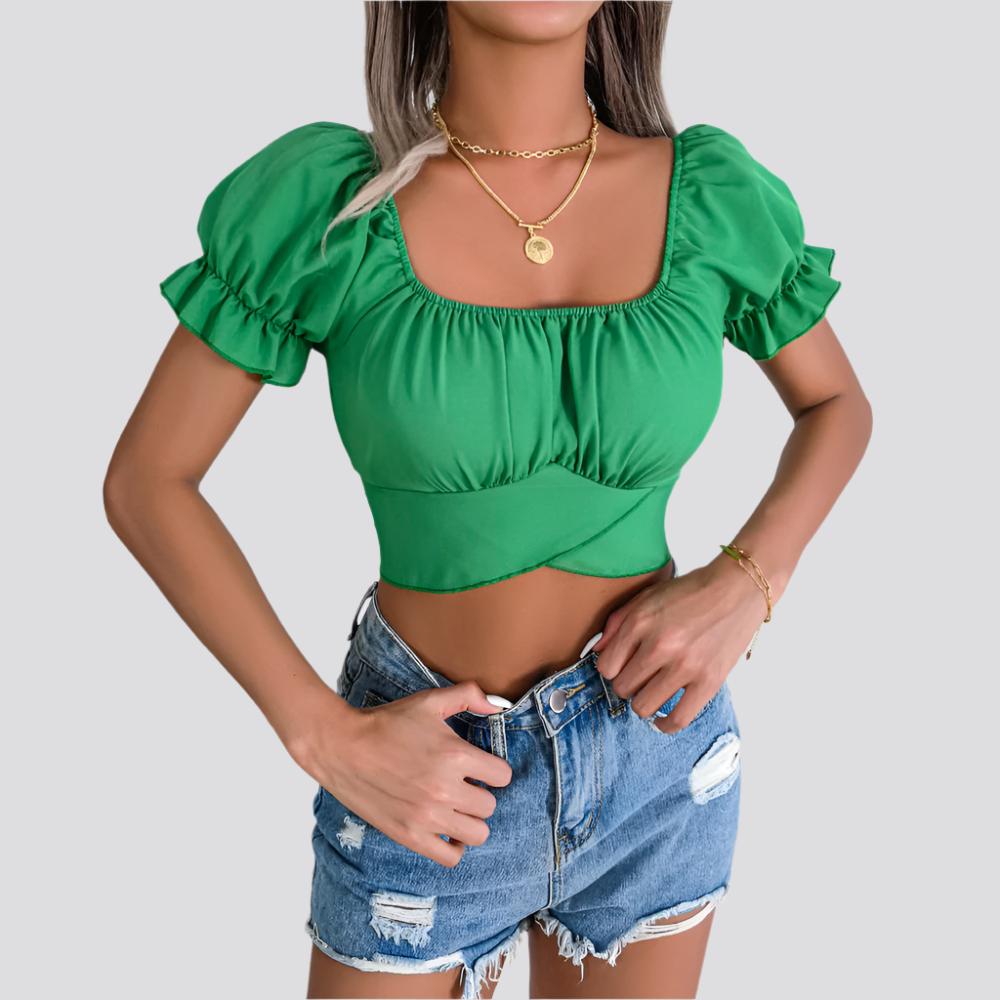 Spring And Summer Leisure Short-sleeved Lace-up Waist Chiffon Shirt Midriff-baring Top