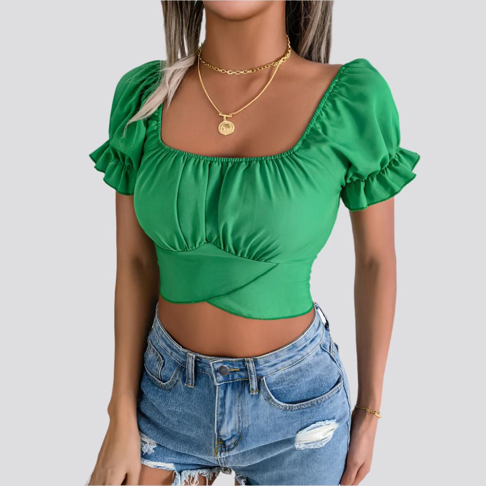 Spring And Summer Leisure Short-sleeved Lace-up Waist Chiffon Shirt Midriff-baring Top