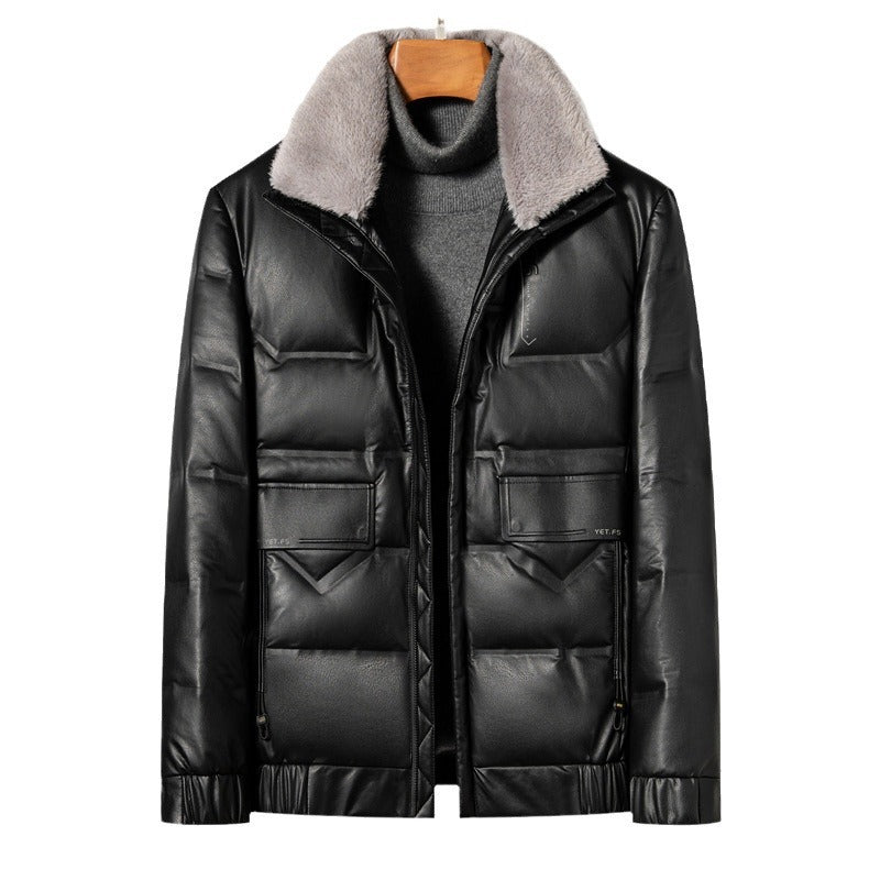 Men's Leather Down Short Jacket Fleece Padded Coat