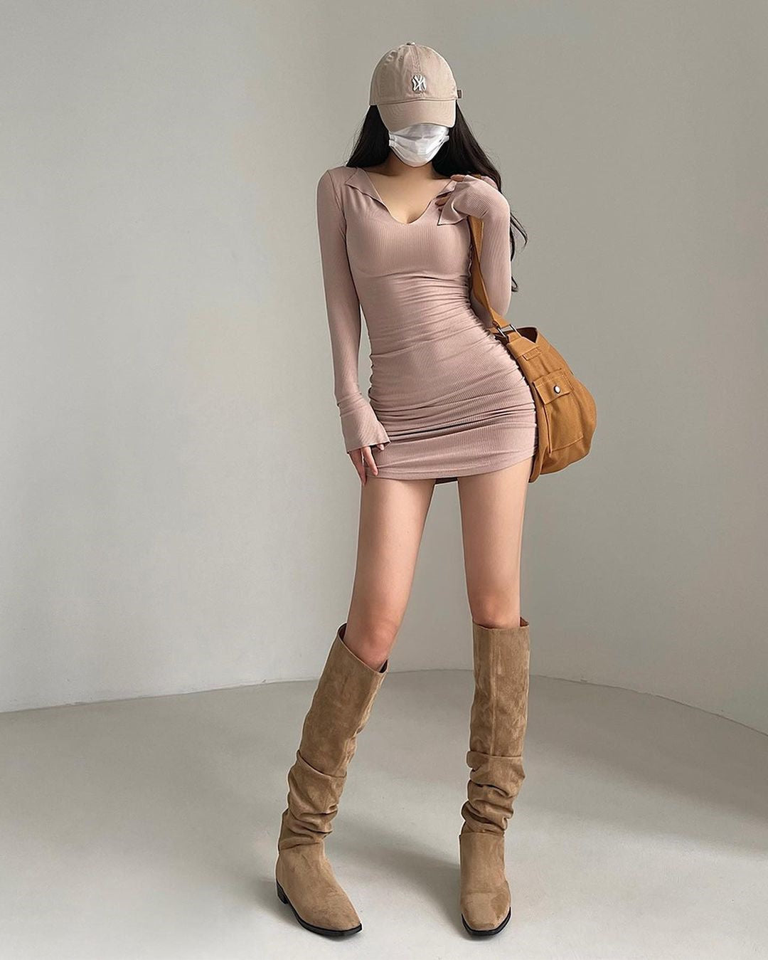 Women's V-neck Cinched Bodycon Long Sleeve Knitted Dress