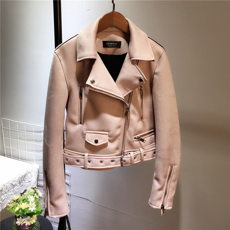 Suede leather women motorcycle leather plush fleece jacket