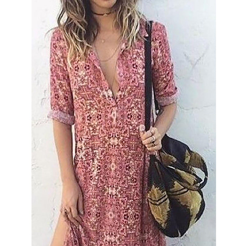 Printed long-sleeved split maxi dress