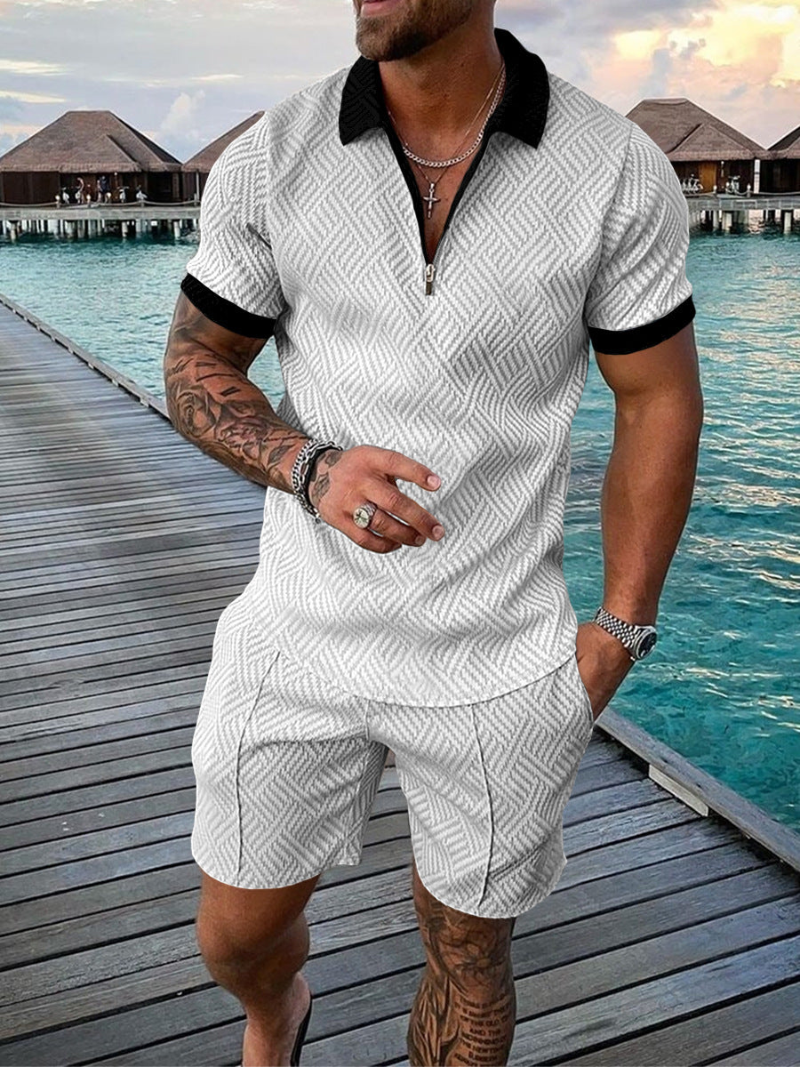 Men's Casual Color Contrast POLO Zip Lapel Shirt Short Sleeve Suit