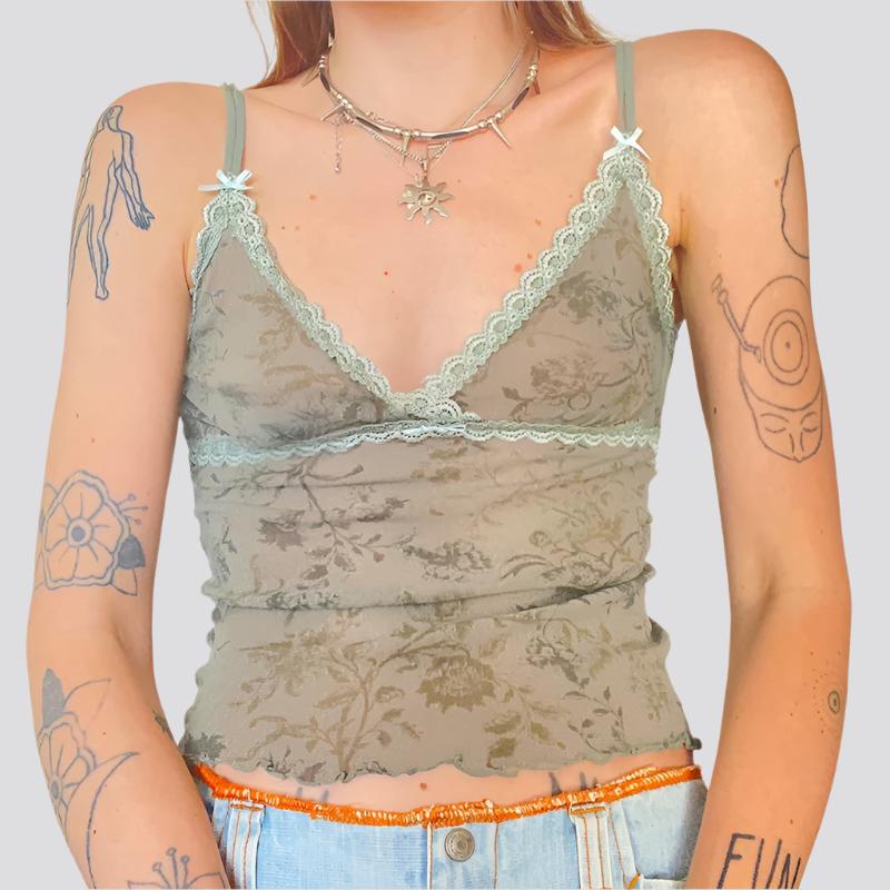 Women's Mesh Plant Print Low-cut Halter Lace Lace Splicing Pure Desire See-through Bottoming Tank Top