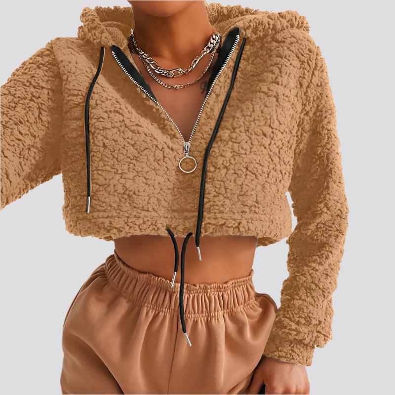 Hoodie Lambswool Teddy Faux Fur Sweatshirt Long Sleeve Zip Up Crop Top Women Winter Fall Clothes Cute Streetwear