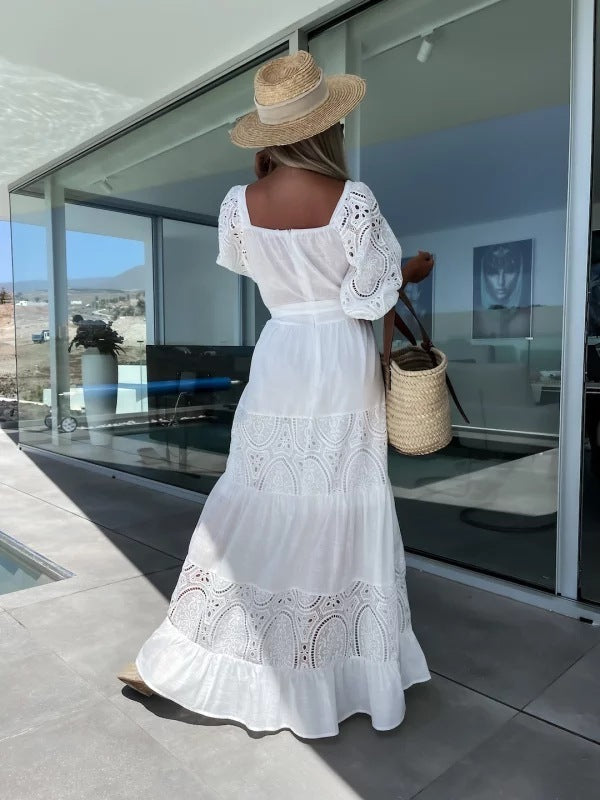 Lace Stitching Casual Loose Waist-controlled Lace-up Dress For Women