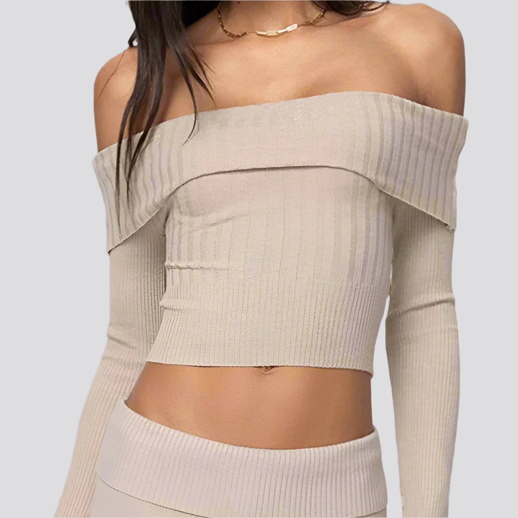 Boat Neck Long Sleeve Knitted Sweater Off-shoulder Crop Short Top SFor Womens Clothing