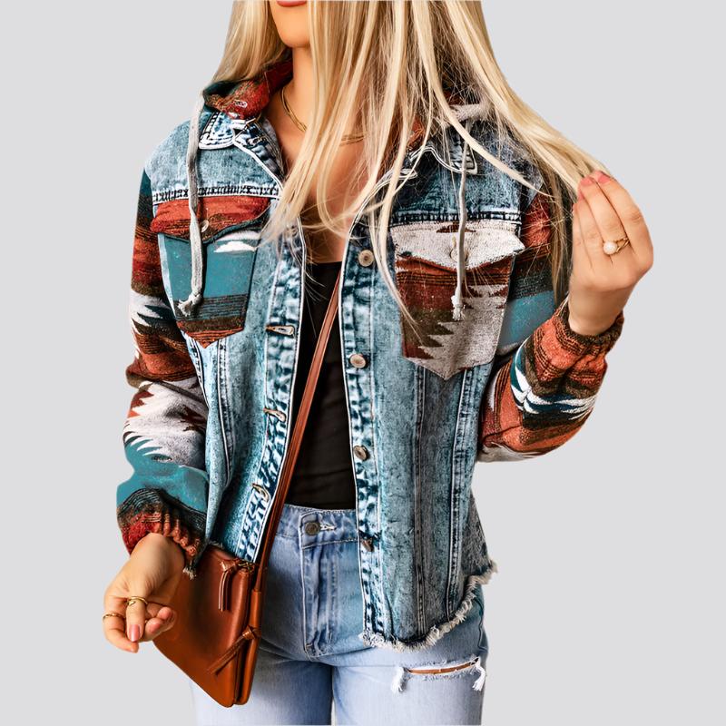 Western Style Denim Stitching Hooded Jacket Multi-color Printed Frayed Hem Jacket