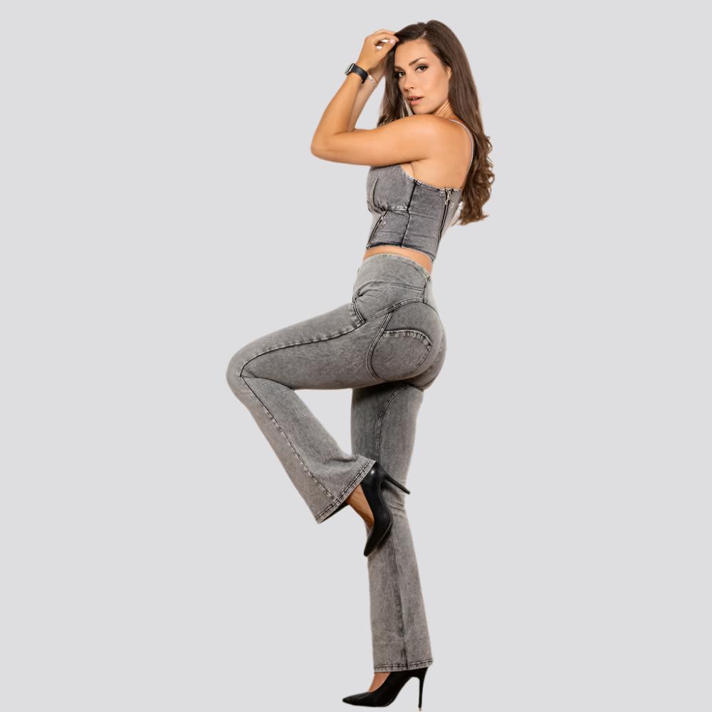 Shascullfites Shaper Set Grey Flared Lift Jeggings Button Up Crop Top Sexy Club Party Set Woman 2 Pieces Set Bum Lift Jeans