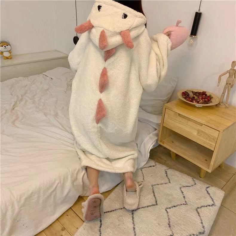 Autumn And Winter Coral Fleece Nightdress Female Cute Cartoon Dinosaur Nightgown Female