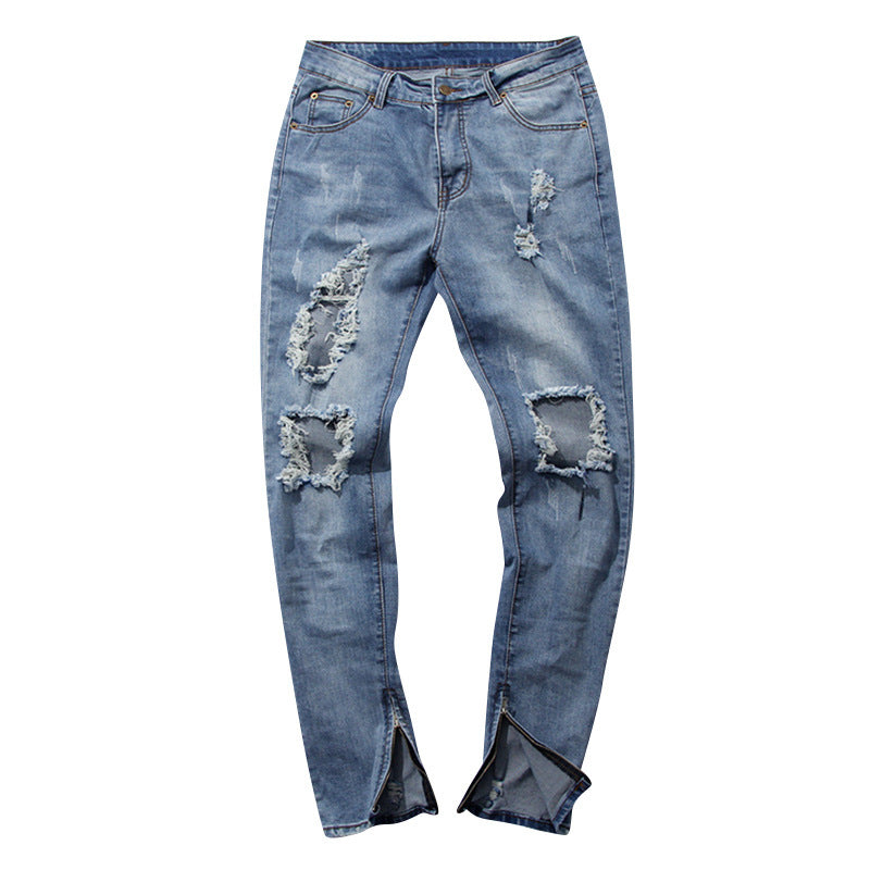 Men's Stretch Slim-fit Slit Chain Ripped Jeans