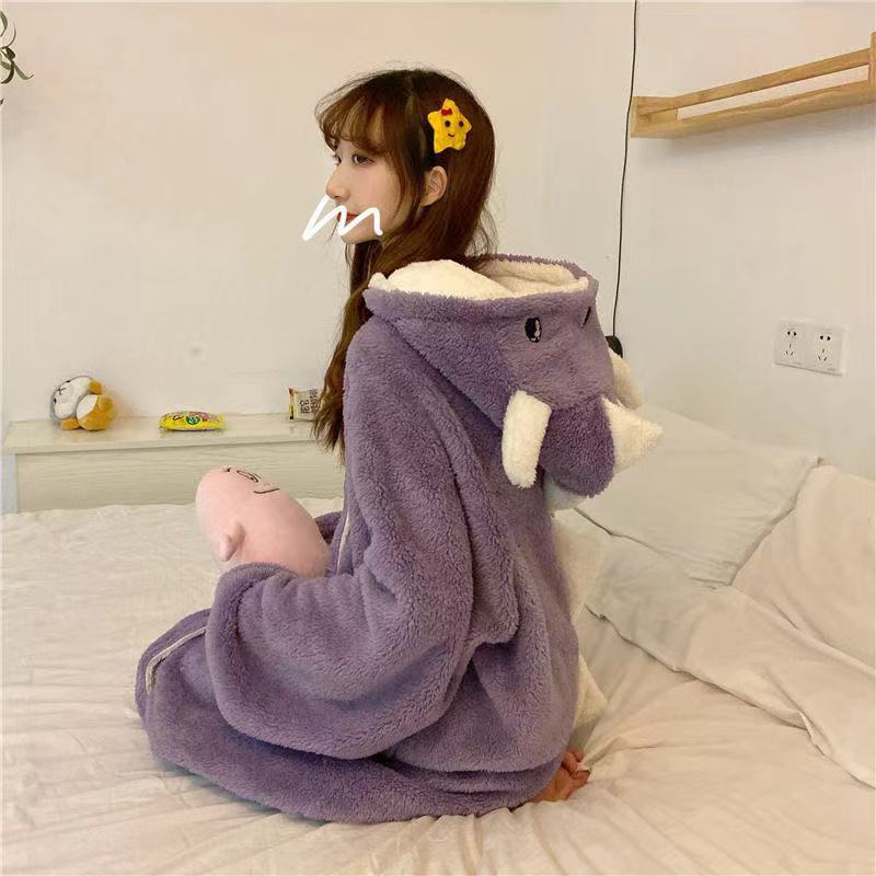 Autumn And Winter Coral Fleece Nightdress Female Cute Cartoon Dinosaur Nightgown Female