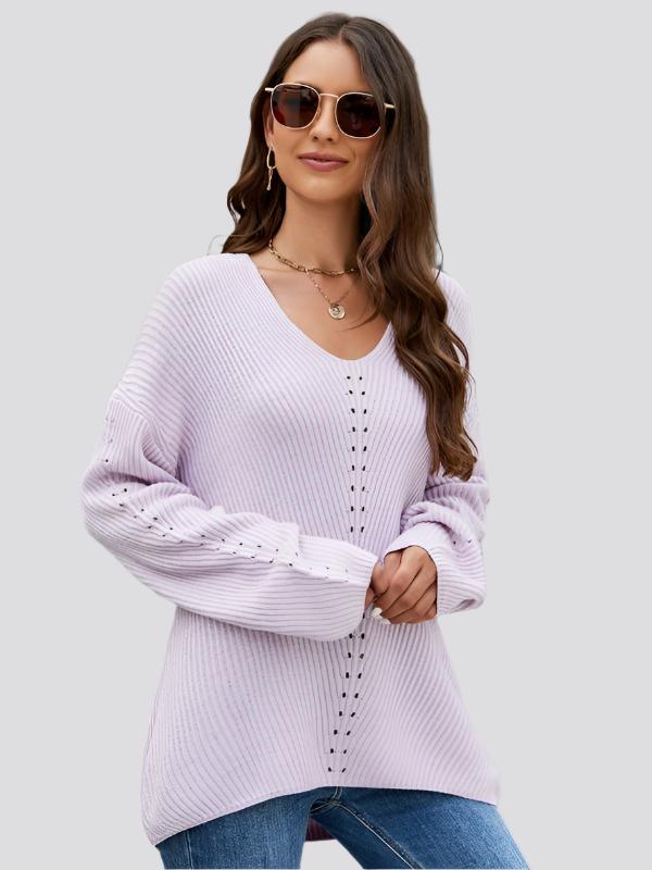 Long Sleeve Sweater With Pocket Solid Color V-neck Pullover Knitwear Women Tops