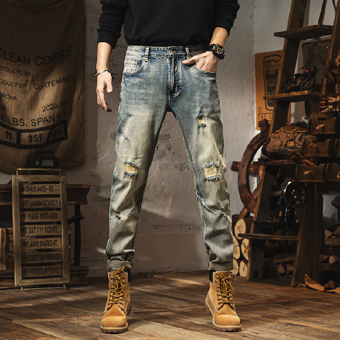 Vintage Distressed Jeans For Men's Slim Fit