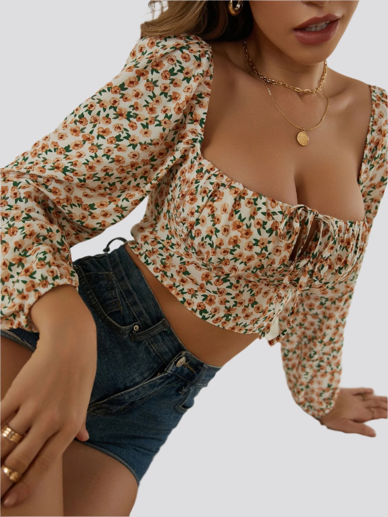 Women Small Floral Shirt Women Retro Square Collar Blouse One Word Collar Shirt Women