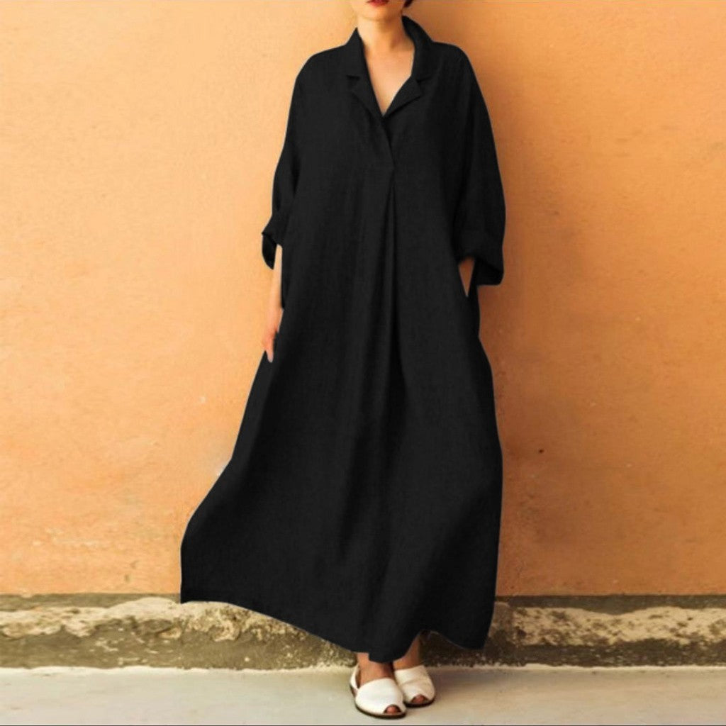 Women Dress Loose Casual Ankle Length Office Lady Dress Solid  Lantern Sleeve Bohemian Loose Waist Women Dress