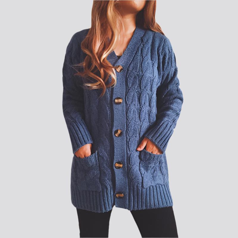 Single-breasted Coarse Twist Pocket Long-sleeved Knitted Sweater