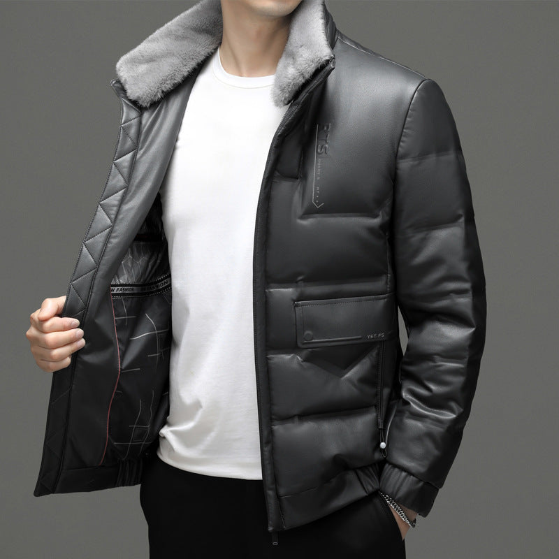 Men's Leather Down Short Jacket Fleece Padded Coat