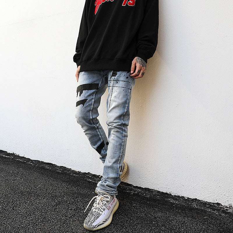 Graffiti Printed Washed And Distressed Slim-fit Jeans With Small Feet