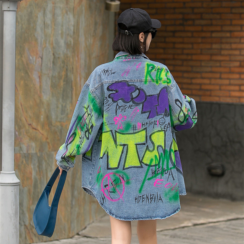 Graffiti Print Denim Jacket Women Loose Fried Street