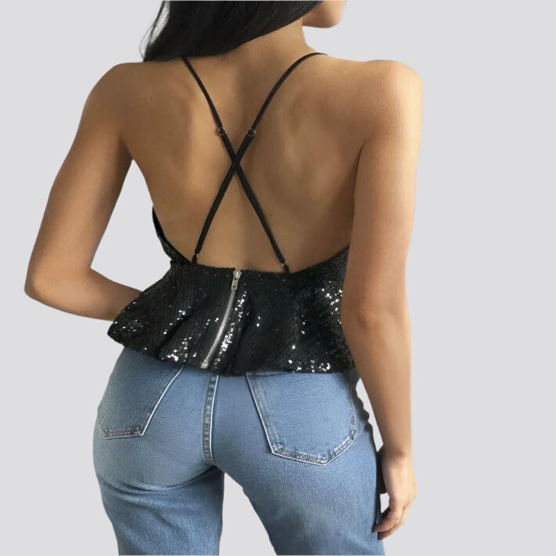 Women Sexy Luxury Sequined Crop Top Peplum Sleeveless Cropp