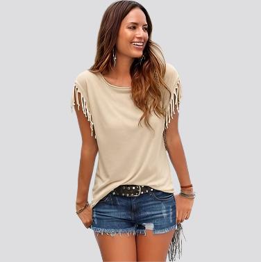 Wish quick sale eBay ladies Europe and America big size round neck short sleeve cuffs tassel T-shirt cotton tops