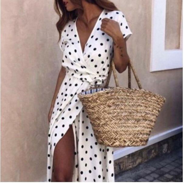 New Women Wave Point Short Sleeve Ladies V Neck Stretch Bodycon Maxi Dress